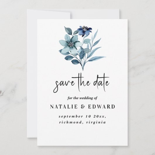 Rustikale Wasserfarben-Illustration Blaues Blumenb Save The Date (Vorderseite)