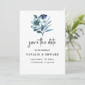 Rustikale Wasserfarben-Illustration Blaues Blumenb Save The Date (Stehend Vorderseite)
