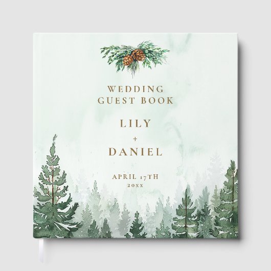 Rustikale Wasserfarben-Kiefernwald-Foto-Hochzeit Gästebuch (Vorderseite)