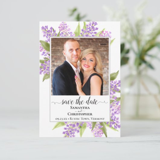 Rustikale Wasserfarben Lilacs & Foto Einfache Hoch Save The Date (Stehend Vorderseite)