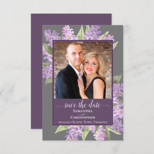 Rustikale Wasserfarben Lilacs & Foto Gray Wedding Save The Date (Vorne/Hinten)
