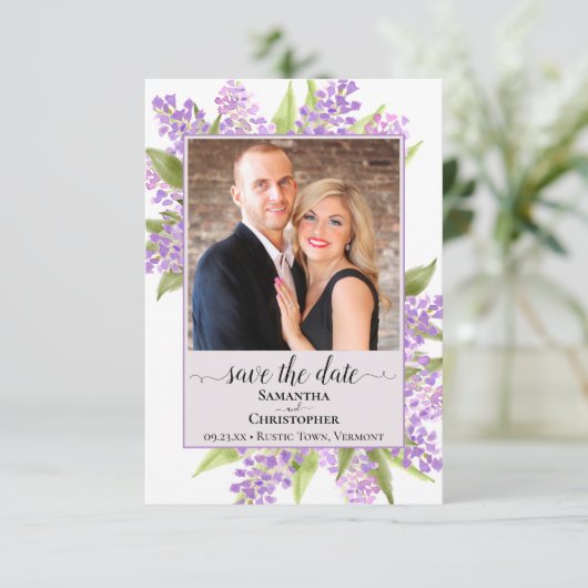 Rustikale Wasserfarben Lilacs & Foto Lavendel Wedd Save The Date (Stehend Vorderseite)