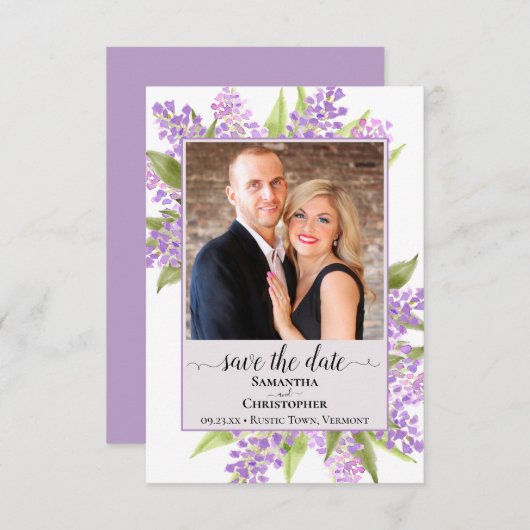 Rustikale Wasserfarben Lilacs & Foto Lavendel Wedd Save The Date (Vorne/Hinten)