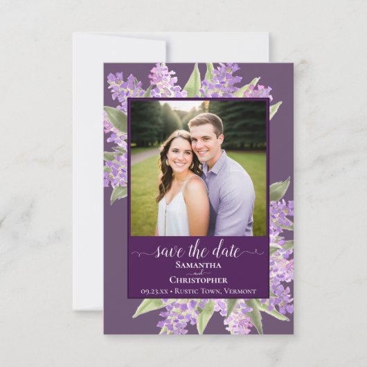 Rustikale Wasserfarben Lilacs & Foto Lila Hochzeit Save The Date (Vorderseite)