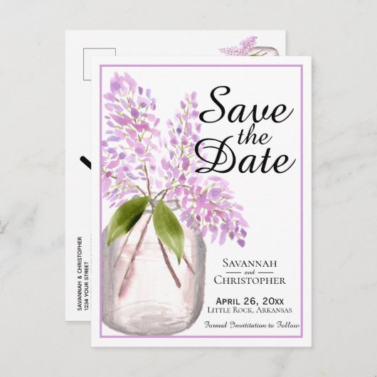 Rustikale Wasserfarben-Lilacs Hochzeit Sichern Sie Einladungspostkarte (Vorne/Hinten)
