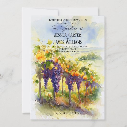 Rustikale Wasserfarben Orangen Weintrauben Weinber Einladung (Vorderseite)