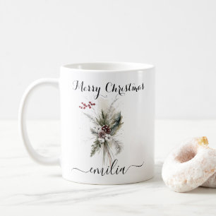 Rustikale Wasserfarben Pine Floral Frohe Weihnacht Kaffeetasse