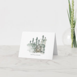 Rustikale Wasserfarben-Waldhütte Familienname Sage Dankeskarte