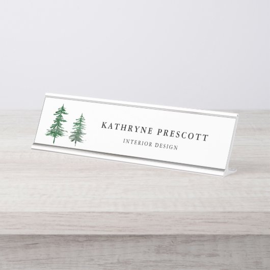 Rustikale Wasserfarbenbaume Wälder Personalisiert Schreibtischnamensplakette (Vorderseite )