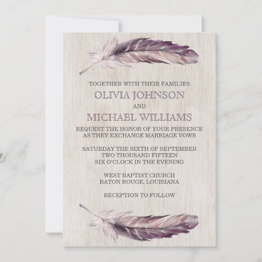 Rustikale Wasserfarbenfedern Hochzeitsfeiern Einladung (Vorderseite)