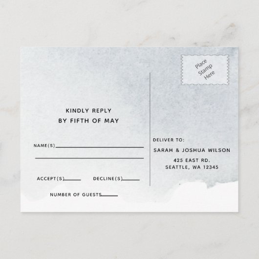 Rustikale Wasserfarbenfrohe Hochzeit mit blauer Na Einladungspostkarte (Rückseite)