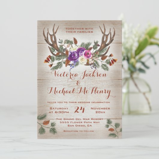 Rustikale Wasserfarbenfrohe Hochzeiten und Kiefern Einladung (Stehend Vorderseite)