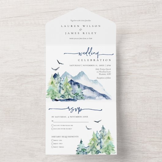 Rustikale Wasserfarbengebirge All In One Einladung (Innen Boden)