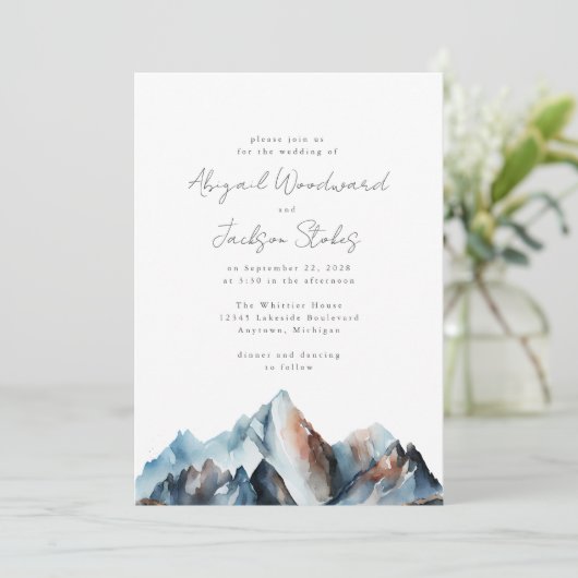 Rustikale Wasserfarbengebirge Blauer Graurost Hoch Einladung (Stehend Vorderseite)