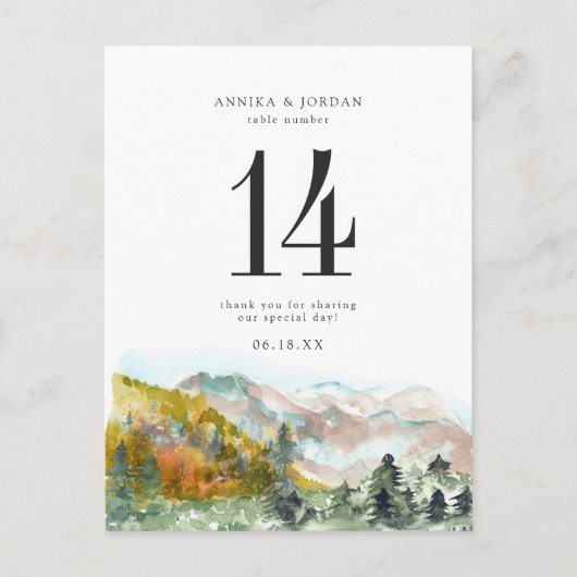 Rustikale Wasserfarbengebirge Hochzeitgebirge Tisc Postkarte (Vorderseite)