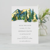 Rustikale Wasserfarbengebirge Pine Save the Date Folieneinladung (Stehend vorne)
