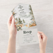 Rustikale Wasserfarbengebirge Pine Winter Wedding All In One Einladung (Abreißen)