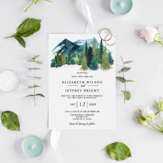 Rustikale Wasserfarbengebirge Pine Winter Wedding Einladung
