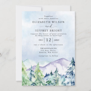 Rustikale Wasserfarbengebirge Pine Winter Wedding Einladung