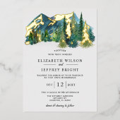 Rustikale Wasserfarbengebirge Pine Winter Wedding Folieneinladung (Vorderseite)