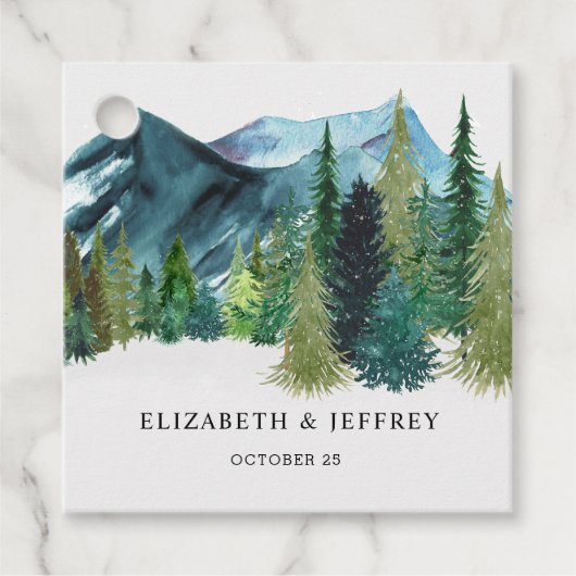 Rustikale Wasserfarbengebirge Pine Winter Wedding Geschenkanhänger (Vorderseite)