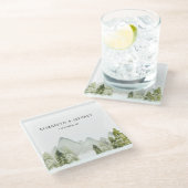 Rustikale Wasserfarbengebirge Pine Winter Wedding Glasuntersetzer (Schrägansicht)