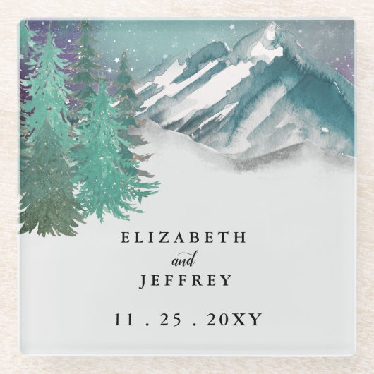 Rustikale Wasserfarbengebirge Pine Winter Wedding Glasuntersetzer (Vorderseite)