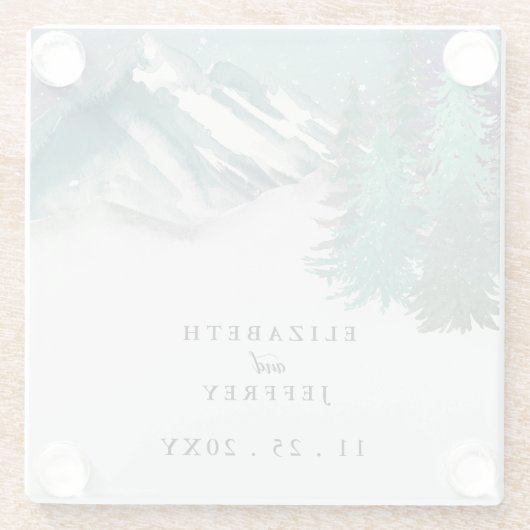 Rustikale Wasserfarbengebirge Pine Winter Wedding Glasuntersetzer (Rückseite)