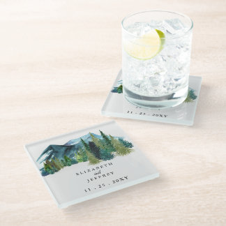Rustikale Wasserfarbengebirge Pine Winter Wedding Glasuntersetzer