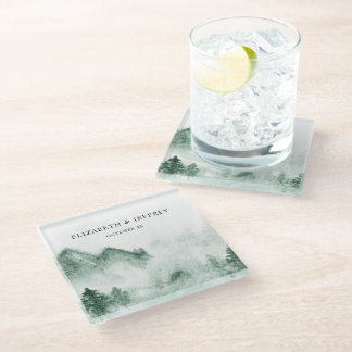 Rustikale Wasserfarbengebirge Pine Winter Wedding Glasuntersetzer