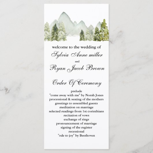 Rustikale Wasserfarbengebirge Pine Winter Wedding Programm (Vorderseite)