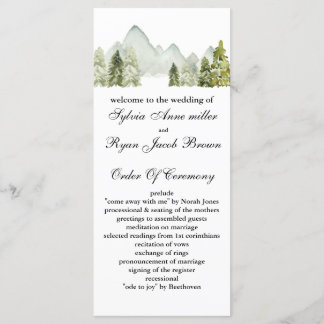 Rustikale Wasserfarbengebirge Pine Winter Wedding Programm