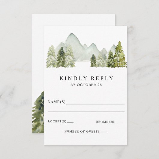 Rustikale Wasserfarbengebirge Pine Winter Wedding RSVP Karte (Vorne/Hinten)