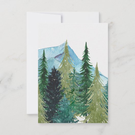 Rustikale Wasserfarbengebirge Pine Winter Wedding RSVP Karte (Rückseite)
