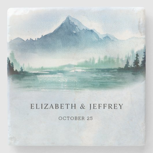 Rustikale Wasserfarbengebirge Pine Winter Wedding Steinuntersetzer (Vorderseite)