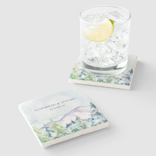 Rustikale Wasserfarbengebirge Pine Winter Wedding Steinuntersetzer