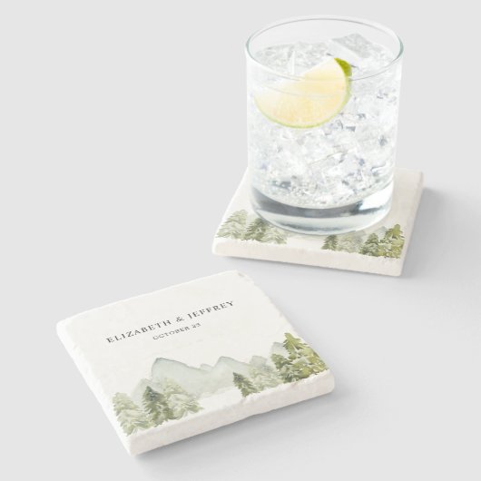 Rustikale Wasserfarbengebirge Pine Winter Wedding Steinuntersetzer (Seitenansicht)