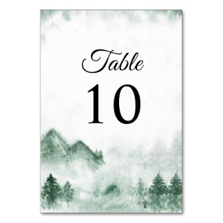 Rustikale Wasserfarbengebirge Pine Winter Wedding Tischnummer