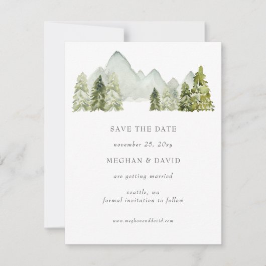 Rustikale Wasserfarbengebirge Save the Date Ankündigung (Vorderseite)