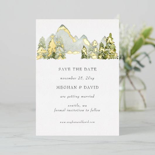 Rustikale Wasserfarbengebirge Save the Date Folieneinladung (Stehend vorne)