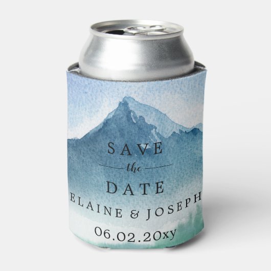 Rustikale Wasserfarbengebirge Save the Date Foto Dosenkühler (Kanne Vorderseite)