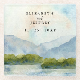 Rustikale Wasserfarbengebirge Winterhochzeit am Se Glasuntersetzer