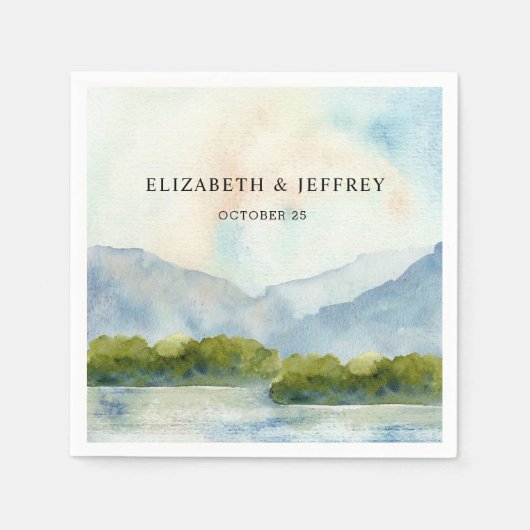 Rustikale Wasserfarbengebirge Winterhochzeit am Se Serviette (Vorderseite)