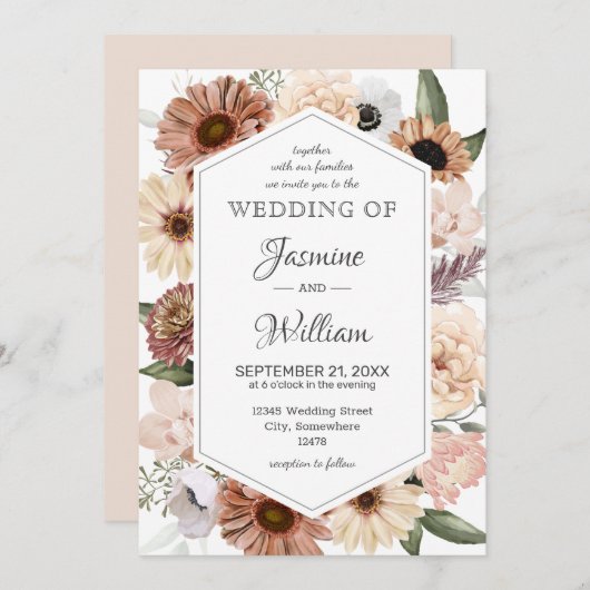 Rustikale Wasserfarbenneutrale Boho Floral Wedding Einladung (Vorne/Hinten)