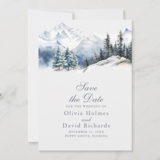 Rustikale Wasserfarbenschneeberge Pinienbäume Hoch Save The Date (Vorderseite)