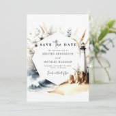 Rustikale Wasserfarbenwellen Leuchtturmhochzeit Save The Date (Stehend Vorderseite)