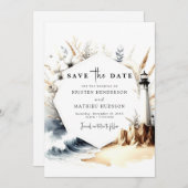 Rustikale Wasserfarbenwellen Leuchtturmhochzeit Save The Date (Vorne/Hinten)