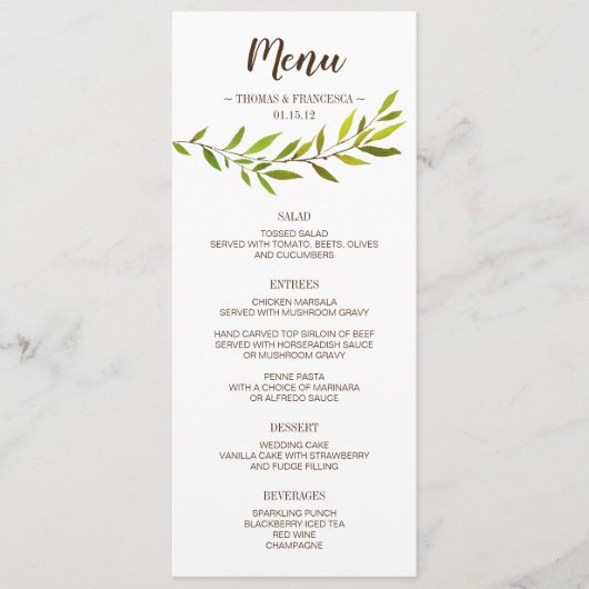 Rustikale Watercolor Greenerity Wedding Menu Card Menükarte (Vorderseite)