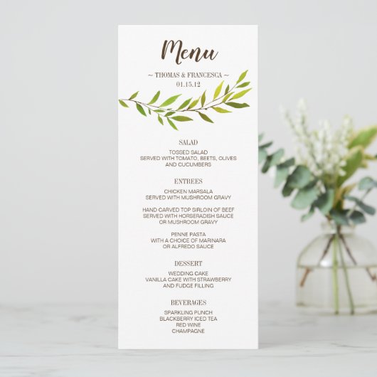 Rustikale Watercolor Greenerity Wedding Menu Card Menükarte (Stehend Vorderseite)