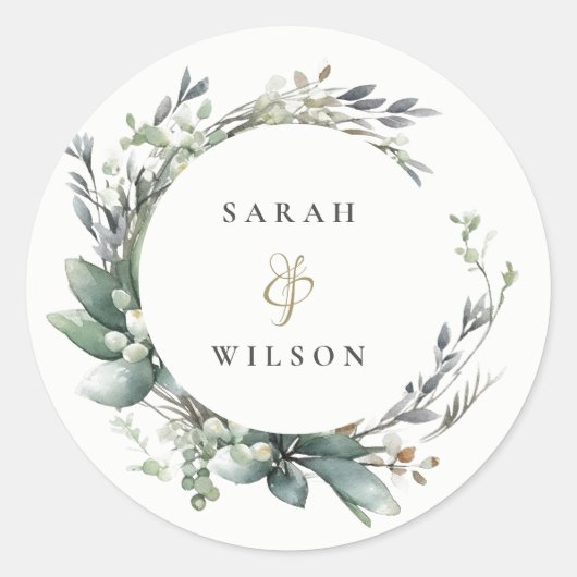 Rustikale Watercolor Grüne Foliage Runder Aufkleber (Vorderseite)